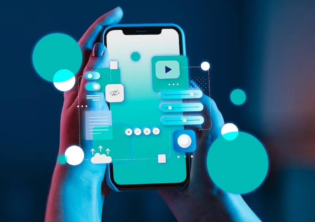 Android robot mascot with smartphone app development illustration